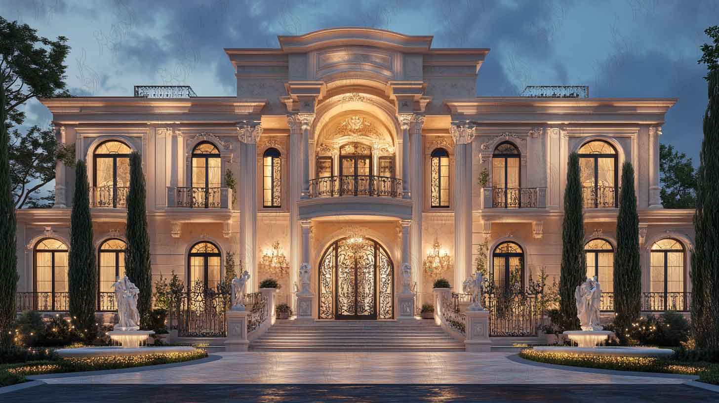 طراحی نمای ویلای کلاسیک با سبک معماری لوکس
