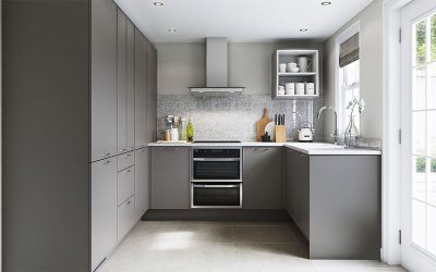 دیدی فراگیر از یک آشپزخانه یو شکل که با توجه به طراحی ارگونومی، دسترسی به تمام نقاط فضا به طور آسان و سریع فراهم شده است.