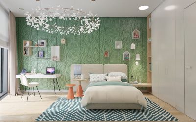 این تصویر نشان دهنده دیوارهای پر از رنگ‌های زنده و شاد در اتاق خواب دخترانه است که جلب توجه و شادابی را ایجاد می‌کند