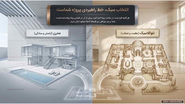 تفاوت طراحی ویلا نئوکلاسیک با سبک مدرن کدام طرح جاودانه است؟ 13 تفاوت طراحی ویلا نئوکلاسیک با سبک مدرن