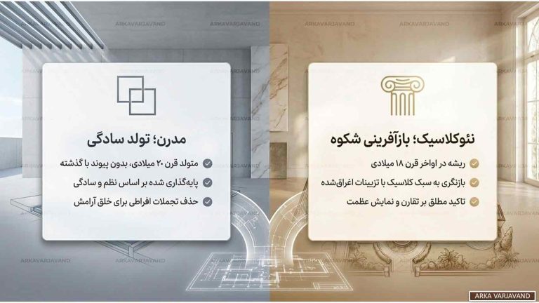 تفاوت طراحی ویلا نئوکلاسیک با سبک مدرن کدام طرح جاودانه است؟ 14 تفاوت طراحی ویلا نئوکلاسیک با سبک مدرن